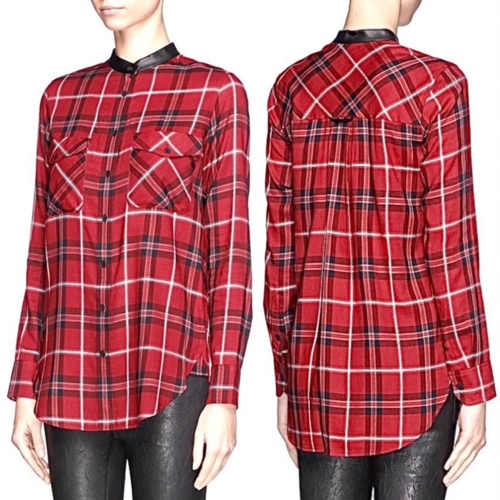 Vince Red Plaid Lamb Leather Trim Long Sleeve Button Down Shirt Sz 8